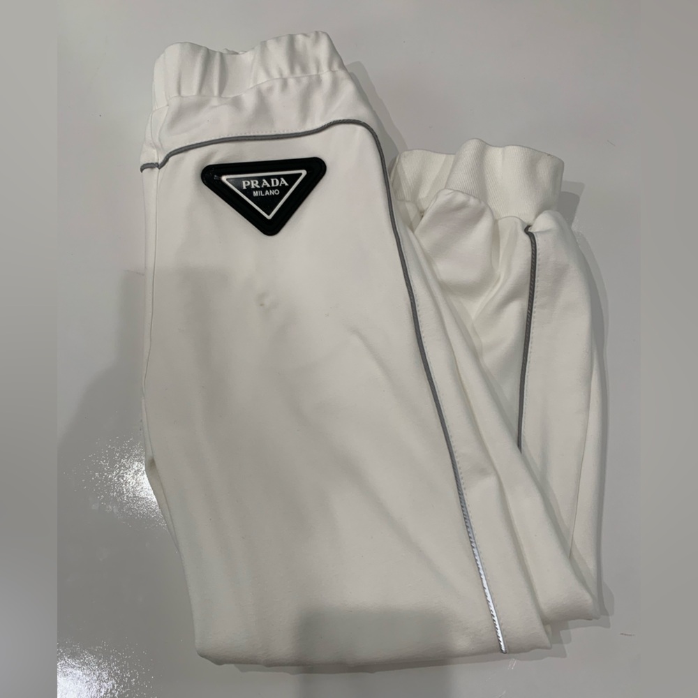 Prada White Cotton Jogger Pants Women’s Large/ Grey Side-Stripe /Emblem/ Size L - Picture 11 of 15